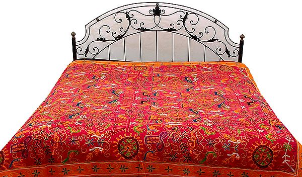 Pink Gujarati Bedspread with All-Over Thread Work