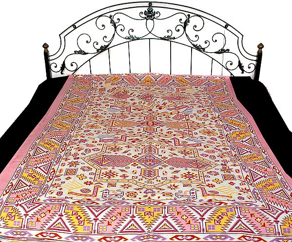 Pink on White Single Bedspread from Sanganer with Modern Print