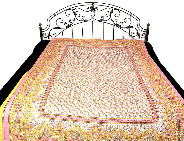 Pink on White Single Bedspread from Sanganer with Creeper Print