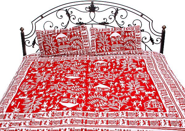 Pompeian-Red Bedspread with Hand Printed Folk Figures Inspired By Warli Art