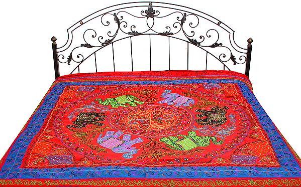 Pompeian-Red Gujarati Bedspread with Appliqué Elephants and All-Over Embroidery