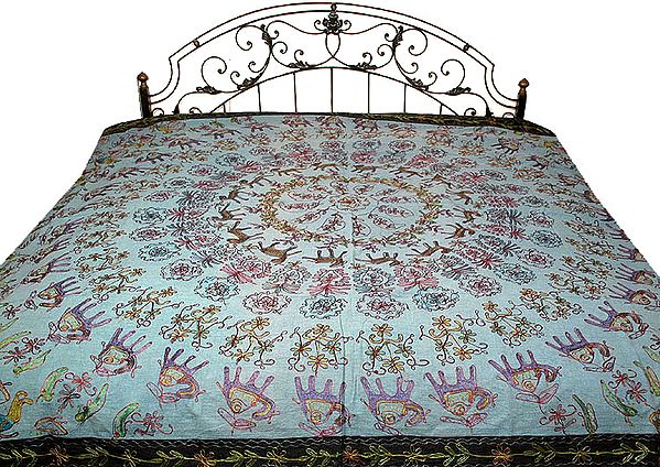 Powder-Blue Chakravyuh Gujarati Bedspread with Hand-Embroidered Procession of Animals