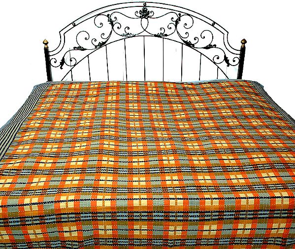 Printed Check Bedspread with Kantha Stitch