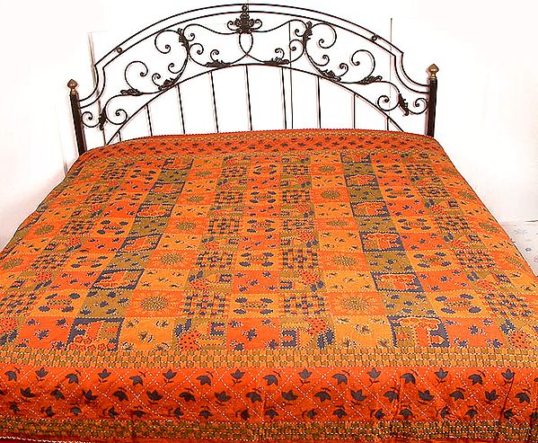Printed Cotton Bedspread with Kantha Stitch