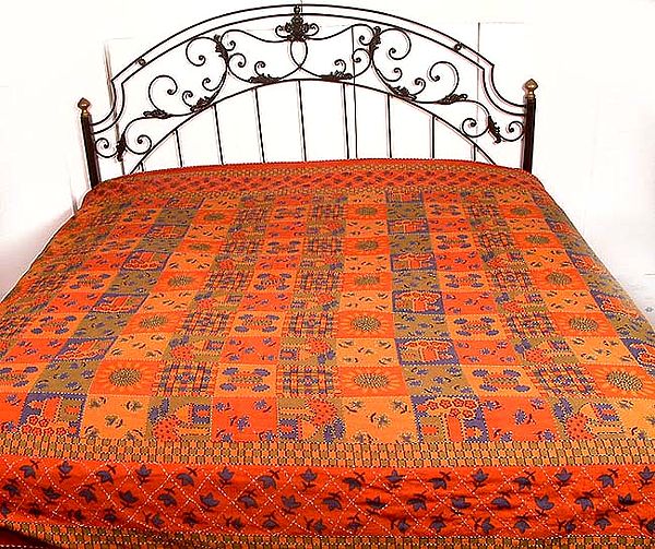 Printed Cotton Bedspread with Kantha Stitch