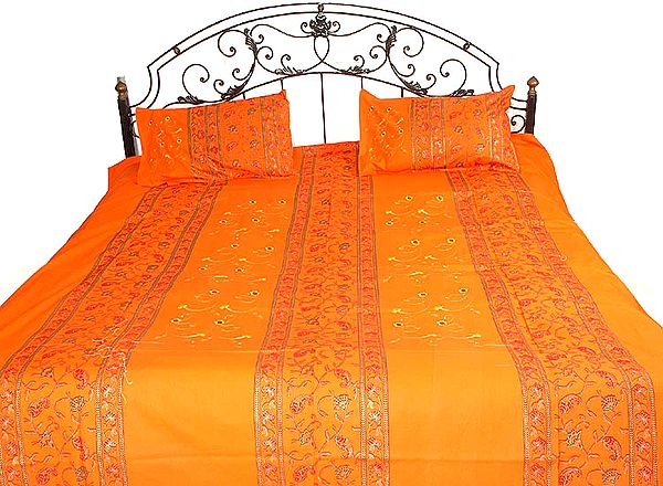 Printed Orange Bedspread with Golden Paint and Floral Ari Embroidery