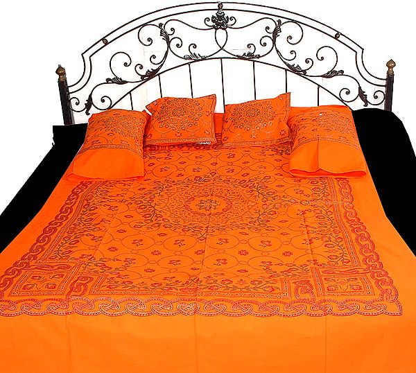 Printed Orange Single Bedspread with Golden Paint