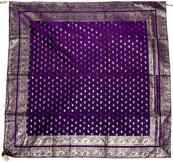 Purple Meenakari Table Cover from Banaras with Woven Elephants and Peacocks