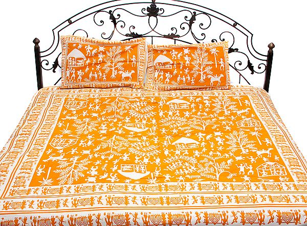 Radiant-Yellow Bedspread with Hand Printed Folk Figures Inspired By Warli Art