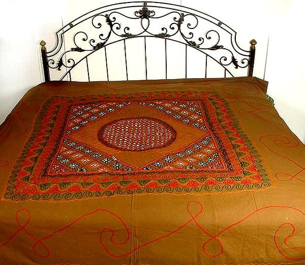 Raw-Umber Colored Gujarati Bedspread with Mirror Work