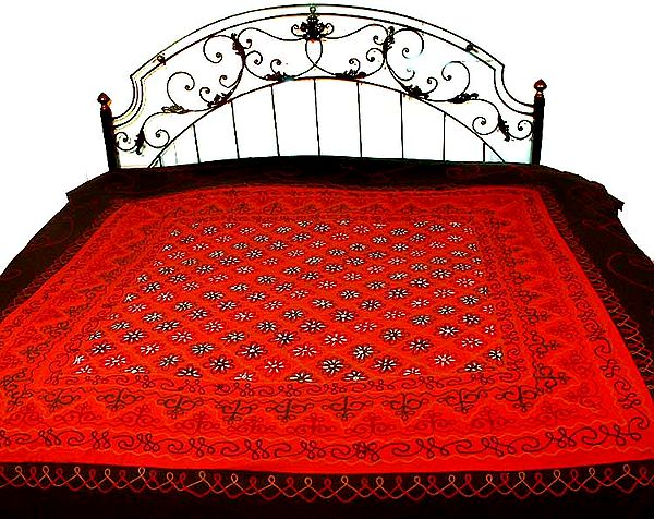 Red and Black Embroidered Bedspread