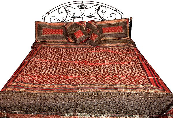 Red and Black Seven Piece Banarasi Bedcover with Tanchoi Weave
