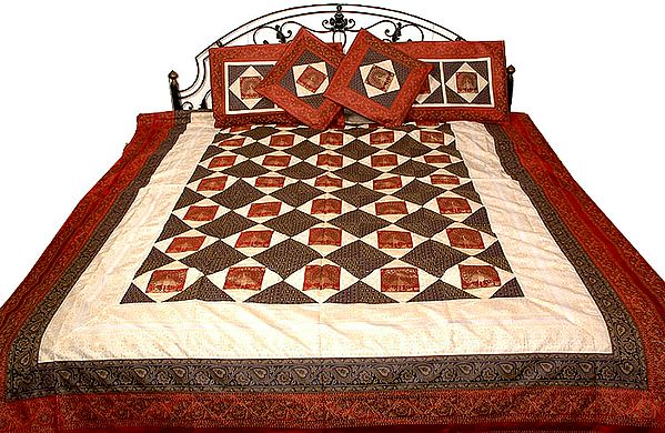 Red and Black Seven-Piece Banarasi Bedcover with Woven Peacocks