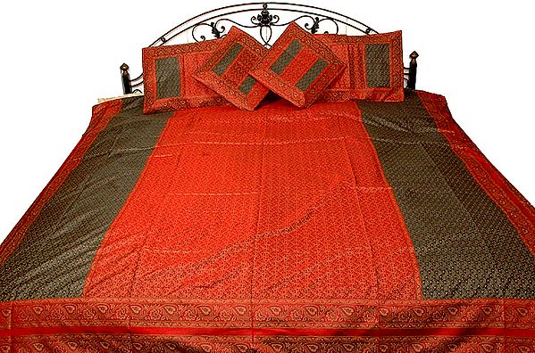 Red and Black Tanchoi Bedcover from Banaras with All-Over Weave