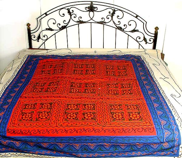 Red and Blue Bedspread with Embroidery and Mirrors