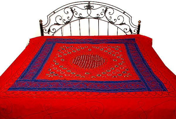 Red and Blue Gujarati Bedspread with Floral Embroidery All-Over