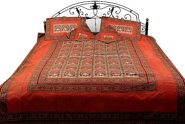 Red and Cordovan Seven-Piece Banarasi Bedcover with Woven Peacocks