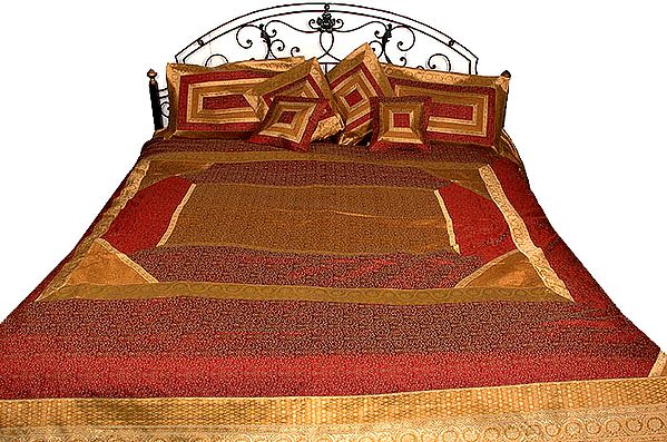 Red and Golden Seven Piece Banarasi Bedcover with Patch Work