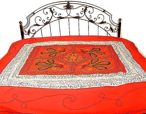 Red and Ivory Gujarati Bedspread with Embroidery