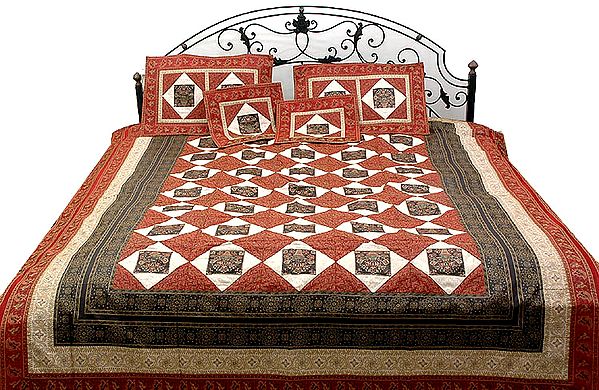 Red and Ivory Seven-Piece Banarasi Bedcover with Woven Flower Pot
