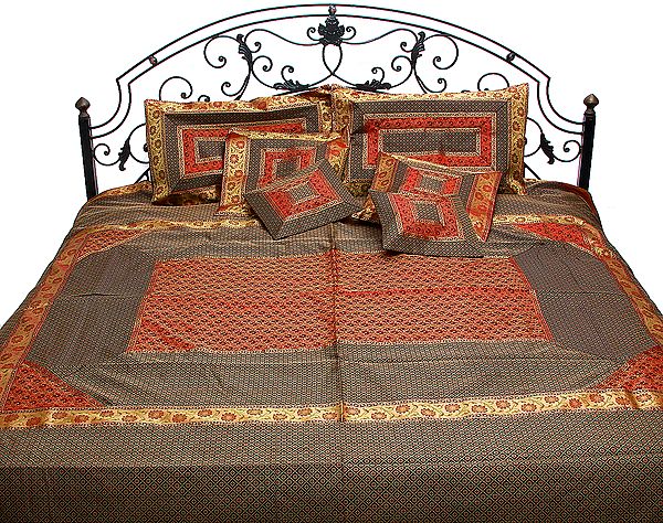 Red and Midnight-Blue Seven-Piece Bedspread from Banaras with Brocaded Flowers