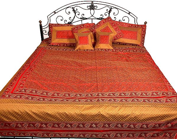 Red and Mustard Banarasi Bedcover with Tanchoi Weave