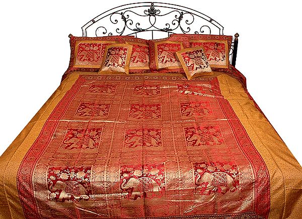 Red and Mustard Elephant Banarasi Bedspread with Golden Zari Weave