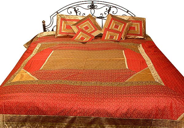 Red and Mustard Seven Piece Banarasi Bedcover with All-Over Tanchoi Weave