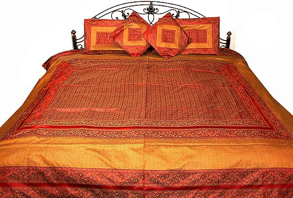 Red and Mustard Seven Piece Banarasi Bedcover with All-Over Tanchoi Weave