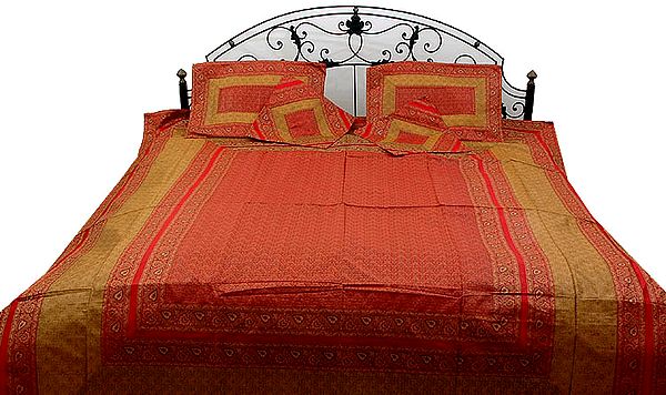 Red and Mustard Tanchoi Bedcover from Banaras with All-Over Weave
