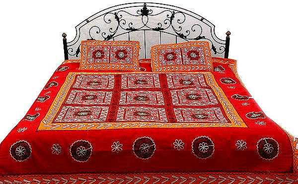 Red and Orange Gujarati Bedspread with Hand-Embroidery All-Over