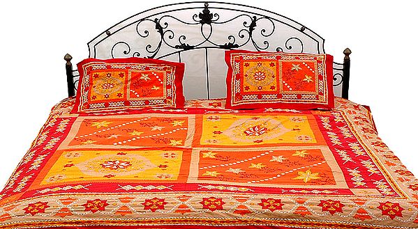 Red and Orange Kantha Stitch Printed Bedspread