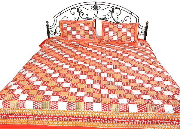 Red and Orange Printed Bedspread with Silver Paint