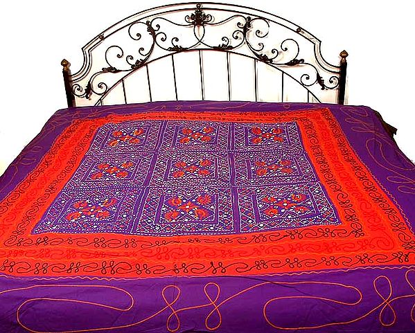 Red and Purple Gujarati Bedspread with Embroidery
