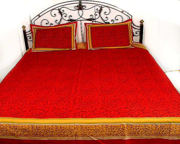 Red and Yellow Block-Printed Bedspread