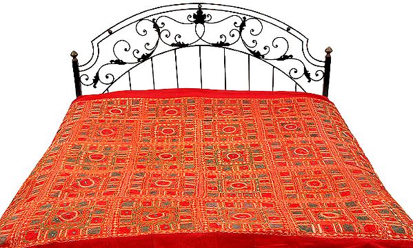 Red Bedcover from Kutch with All-Over Embroidery and Mirrors