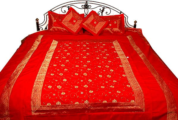 Red Bedcover with All-Over Embroidered Flowers and Zari Border