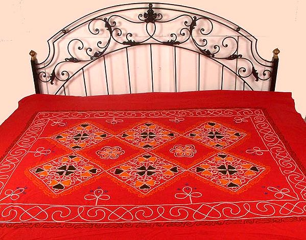 Red Bedspread with Multi-Color Embroidery