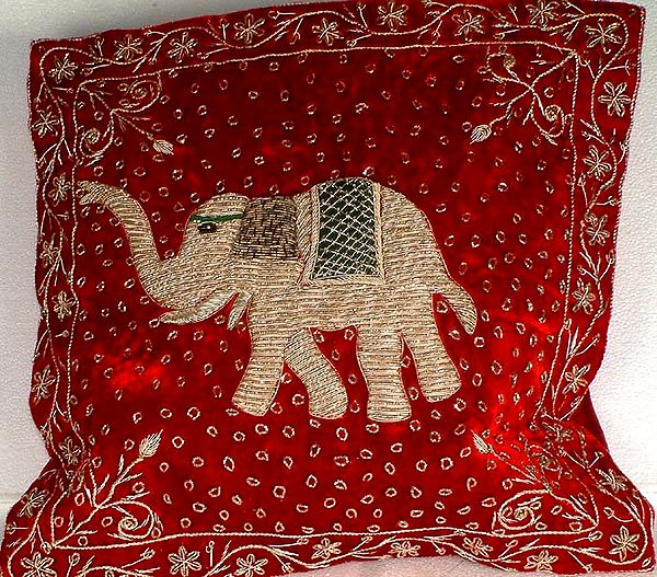 Red Cushion Cover with Hand-Embroidered Elephant