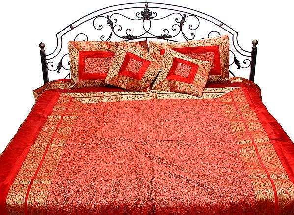 Red Five-Piece Banarasi Bedspread with Tanchoi Weave All-Over and Brocaded Border