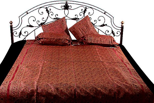 Red Five-Piece Single-Bed Banarasi Bedcover with Floral Weave