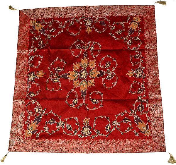 Red Floral Table Cover with Golden Thread Work and Brocaded Border