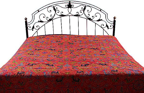 Red Gujarati Bedspread with All-Over Embroidered Elephants and Parrots