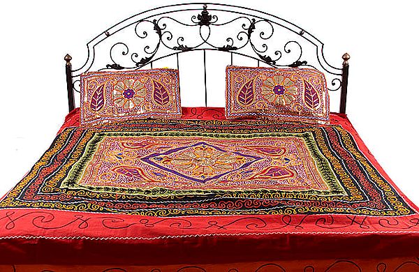 Red Gujarati Bedspread with All-Over Embroidery and Sequins