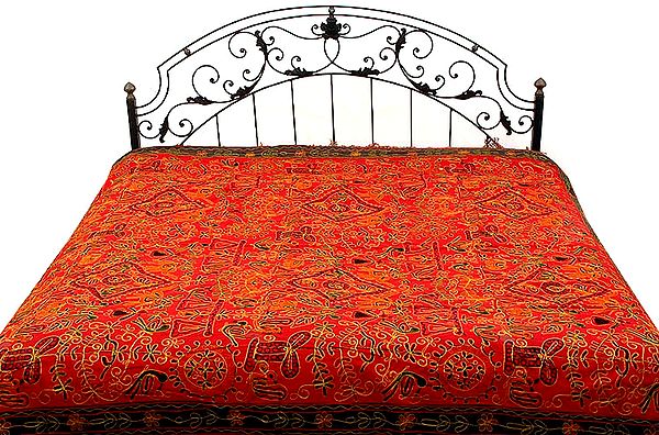 Red Gujarati Bedspread with All-Over Thread Work