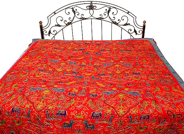 Red Gujarati Bedspread with All-Over Thread Work
