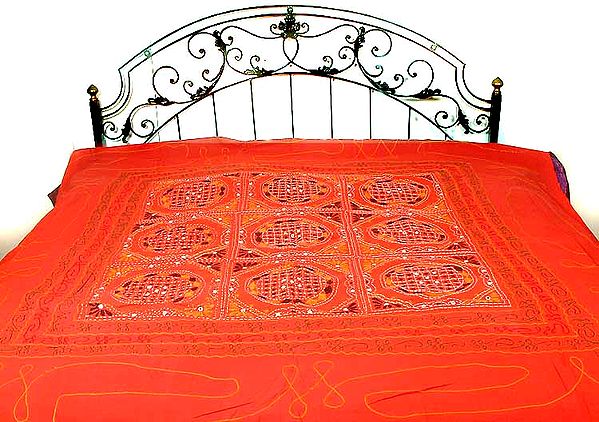 Red Gujarati Bedspread with Embroidery and Mirrors