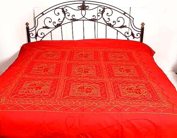 Red Gujarati Bedspread with Golden Thread Work