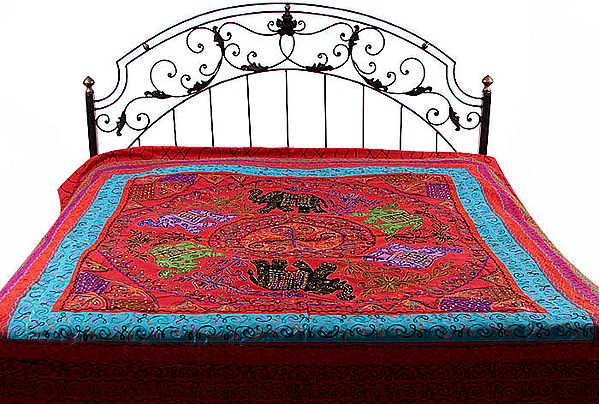 Red Gujarati Bedspread with Sequins and Six Appliqué Elephants