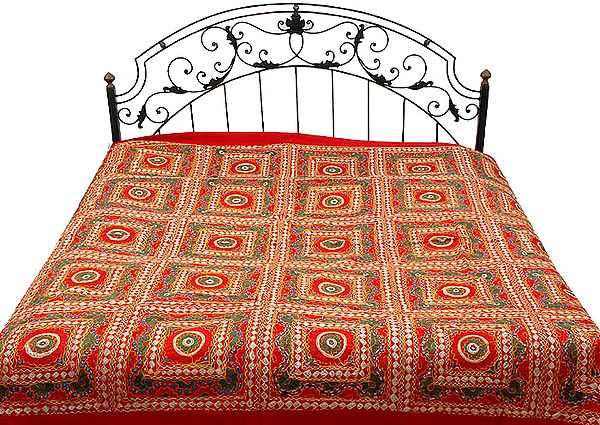 Red Kutch Bedcover with All-Over Embroidered Chakras